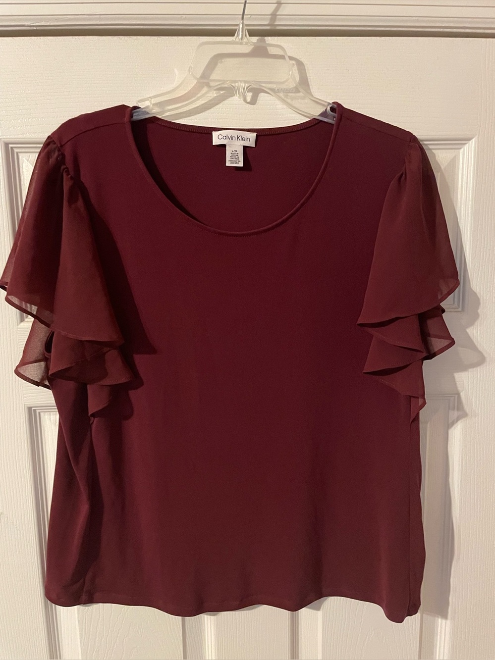 Calvin Klein Burgundy Sheer Flutter Sleeves Blouse Size Large